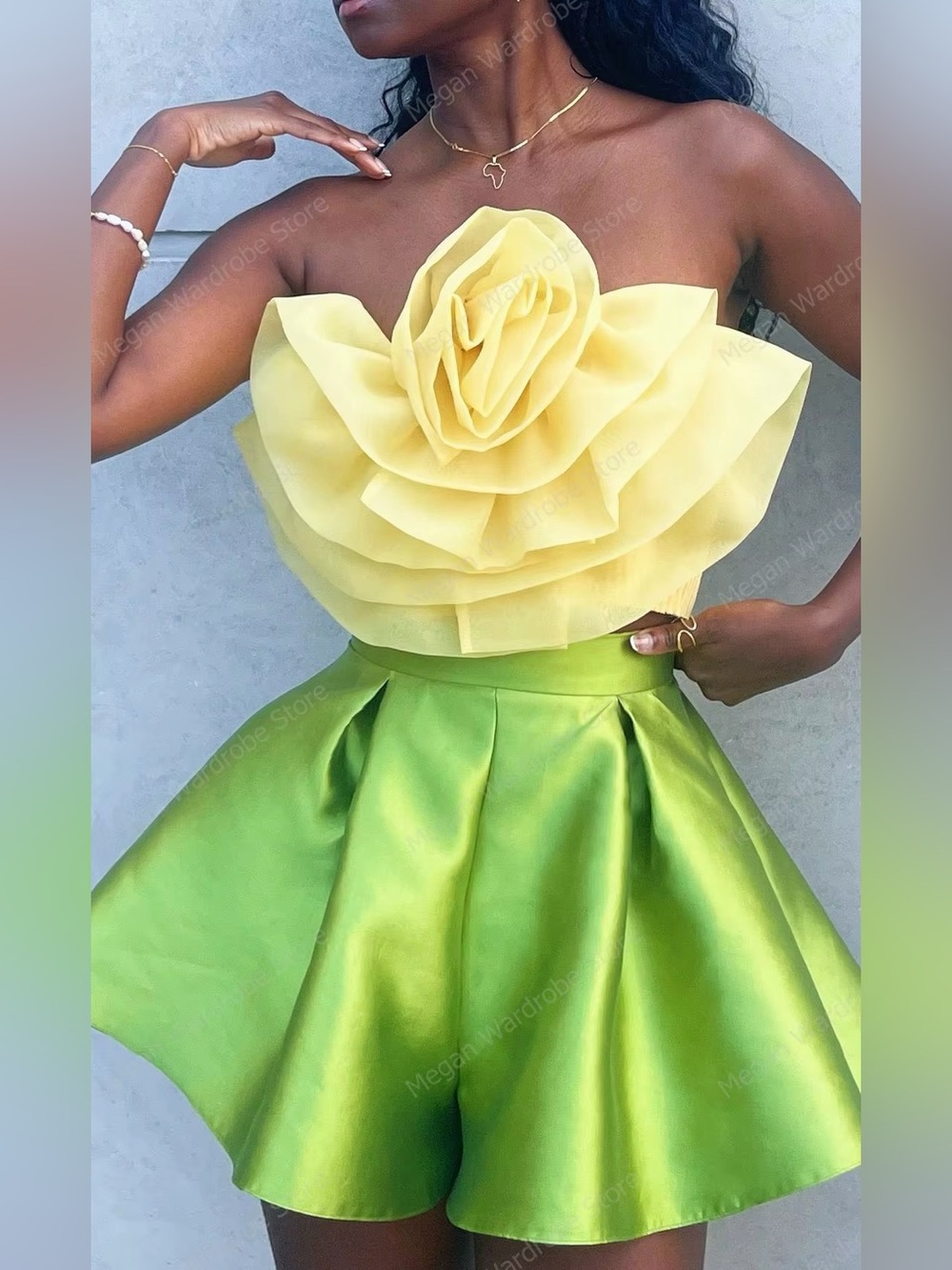 Strapless Yellow Floral Bodice with Green Satin Skirt - Women Skirt Set